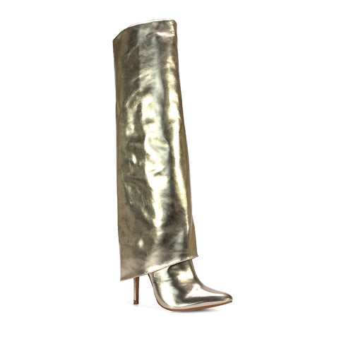 gold knee high fold over boots, gold stiletto boots, knee high fold over boots, stiletto boots