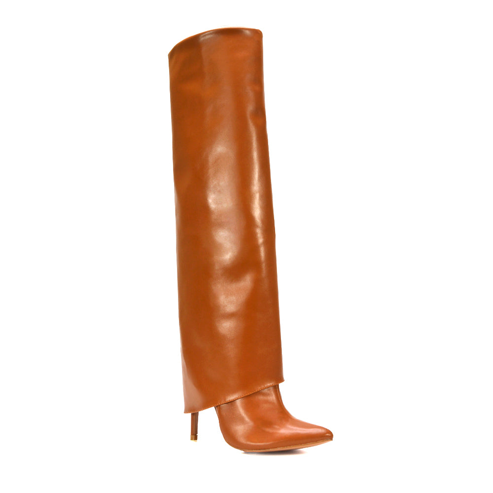 tan knee high fold over boots, tan stiletto boots, knee high fold over boots, stiletto boots