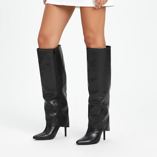 women's black knee high fold over boot