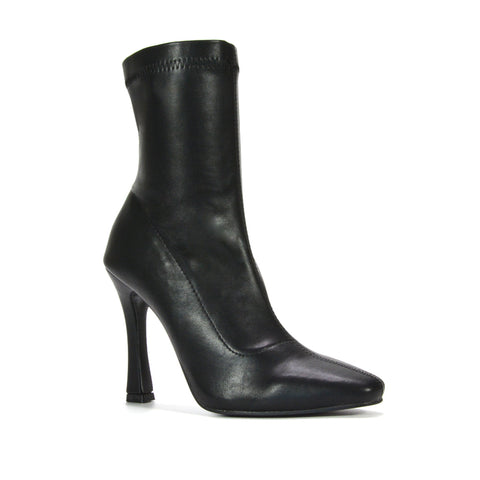 black synthetic leather high heel boots, black synthetic leather heeled boots, black synthetic leather stiletto boots, black synthetic leather heeled ankle boots, high heel boots, heeled boots, stiletto boots, heeled ankle boots, going out boots