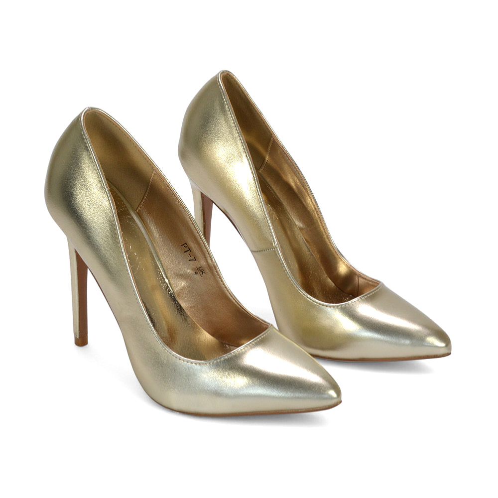 gold high heel court shoes, gold pointed toe court shoes, Office wear high heel shoes for women, Women’s heels for weddings and events