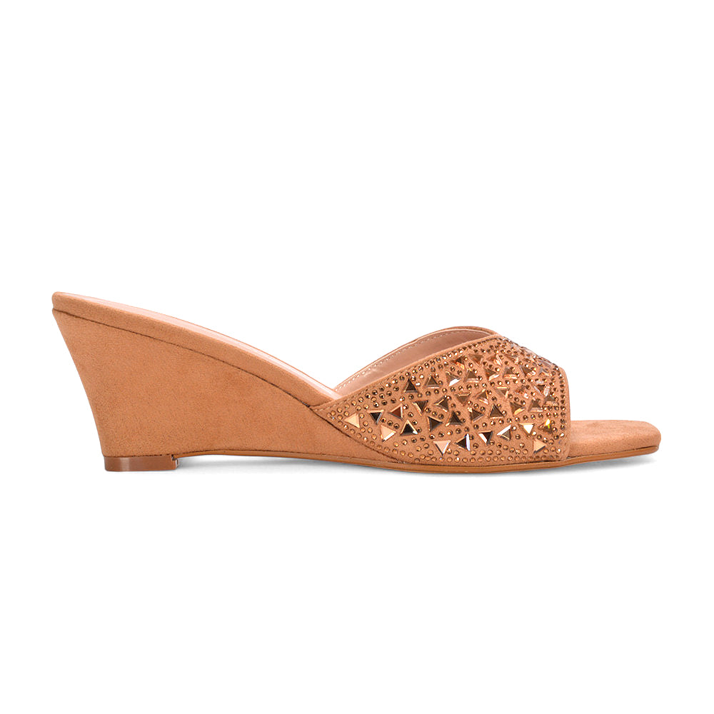 diamante wedge sandals, women’s heeled mules, sparkly jewel wedge sandals for parties, beige wedge heel sandals