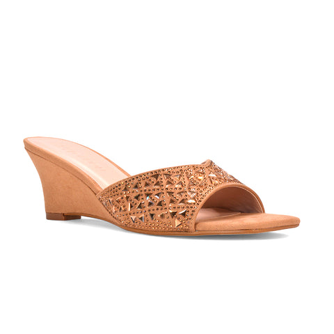 peep toe heeled mules, sparkly wedge heels, comfortable wedge heel mules for weddings and events, beige mule heels