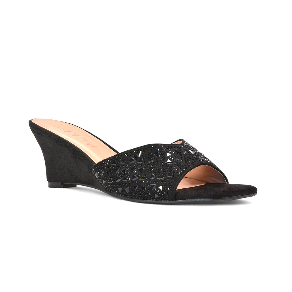 peep toe heeled mules, sparkly wedge heels, comfortable wedge heel mules for weddings and events, black mule heels