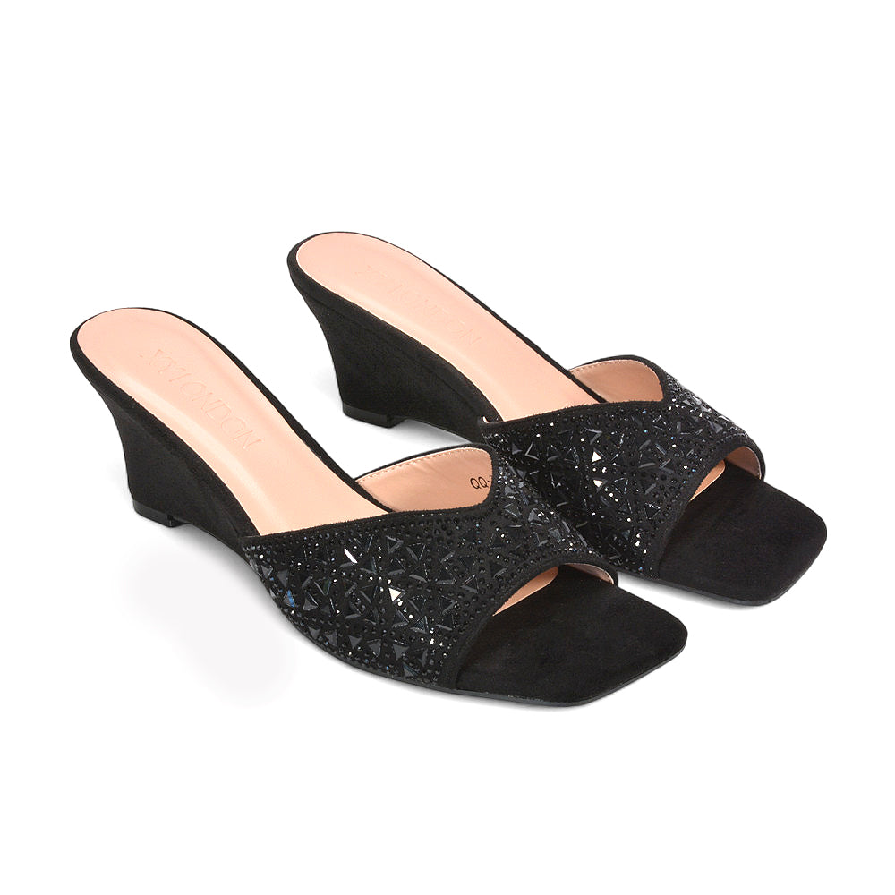 jewel embellished sandals, evening wedge sandals women, stylish women’s wedge sandals for evening wear, black slip on heels
