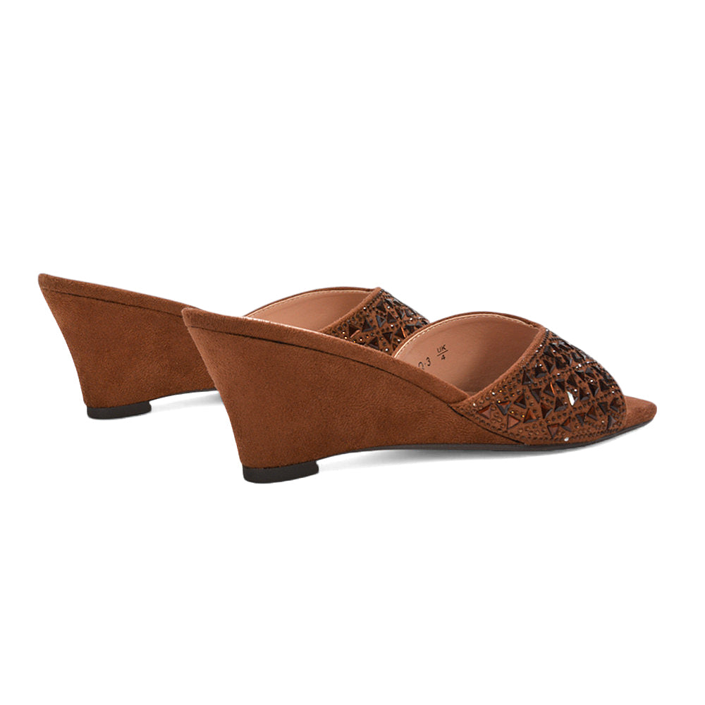 dressy wedge heels, slip-on wedge sandals, slip-on wedge heel sandals for summer parties, brown sparkly heels