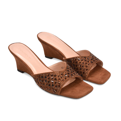 diamante wedge sandals, women’s heeled mules, sparkly jewel wedge sandals for parties, brown wedge heel sandals