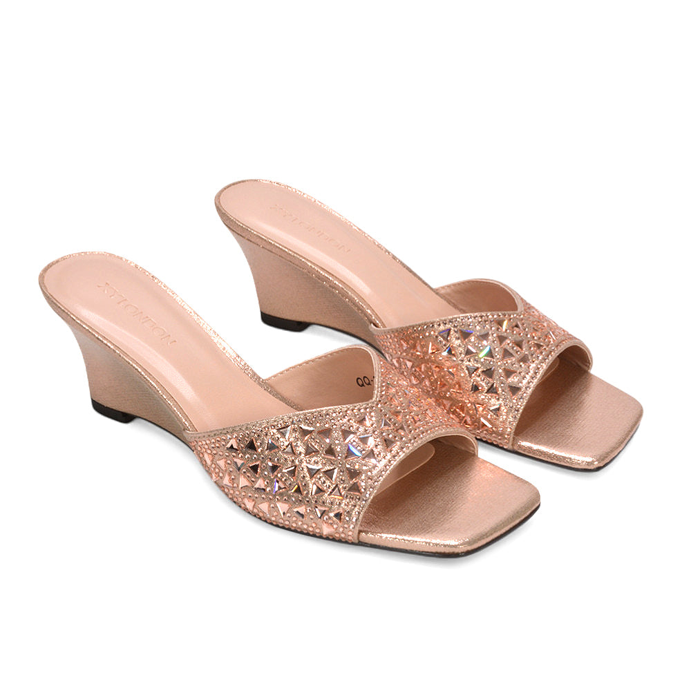 peep toe heeled mules, sparkly wedge heels, comfortable wedge heel mules for weddings and events, gold mule heels