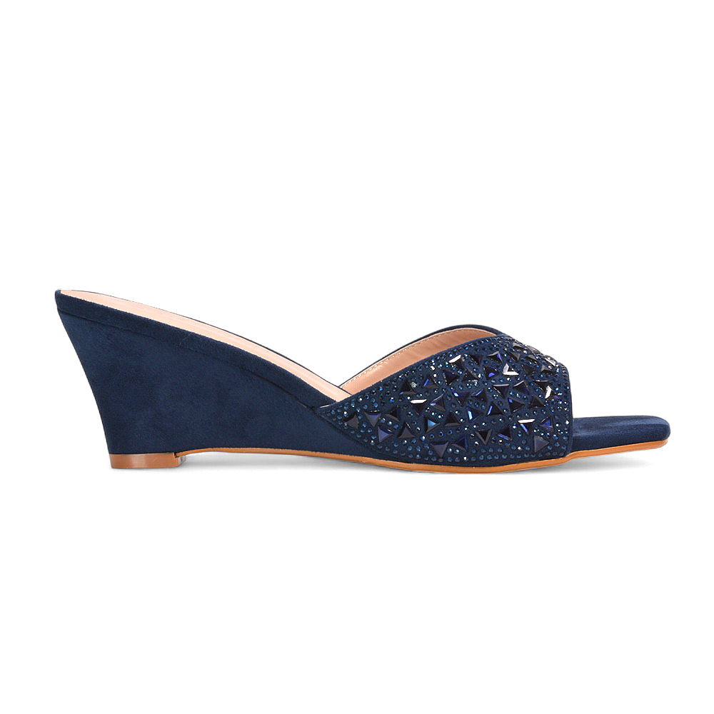 diamante wedge sandals, women’s heeled mules, sparkly jewel wedge sandals for parties, navy wedge heel sandals