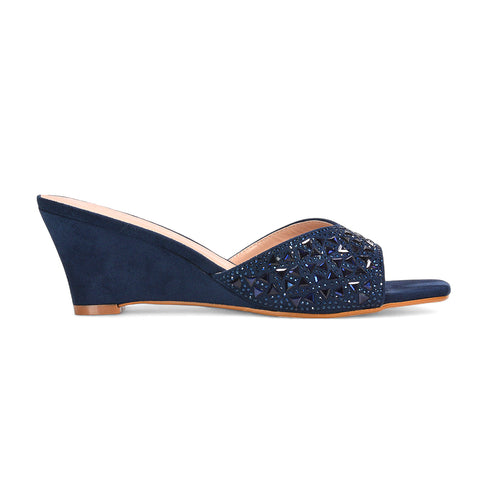 diamante wedge sandals, women’s heeled mules, sparkly jewel wedge sandals for parties, navy wedge heel sandals
