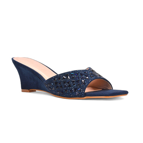 peep toe heeled mules, sparkly wedge heels, comfortable wedge heel mules for weddings and events, navy mule heels
