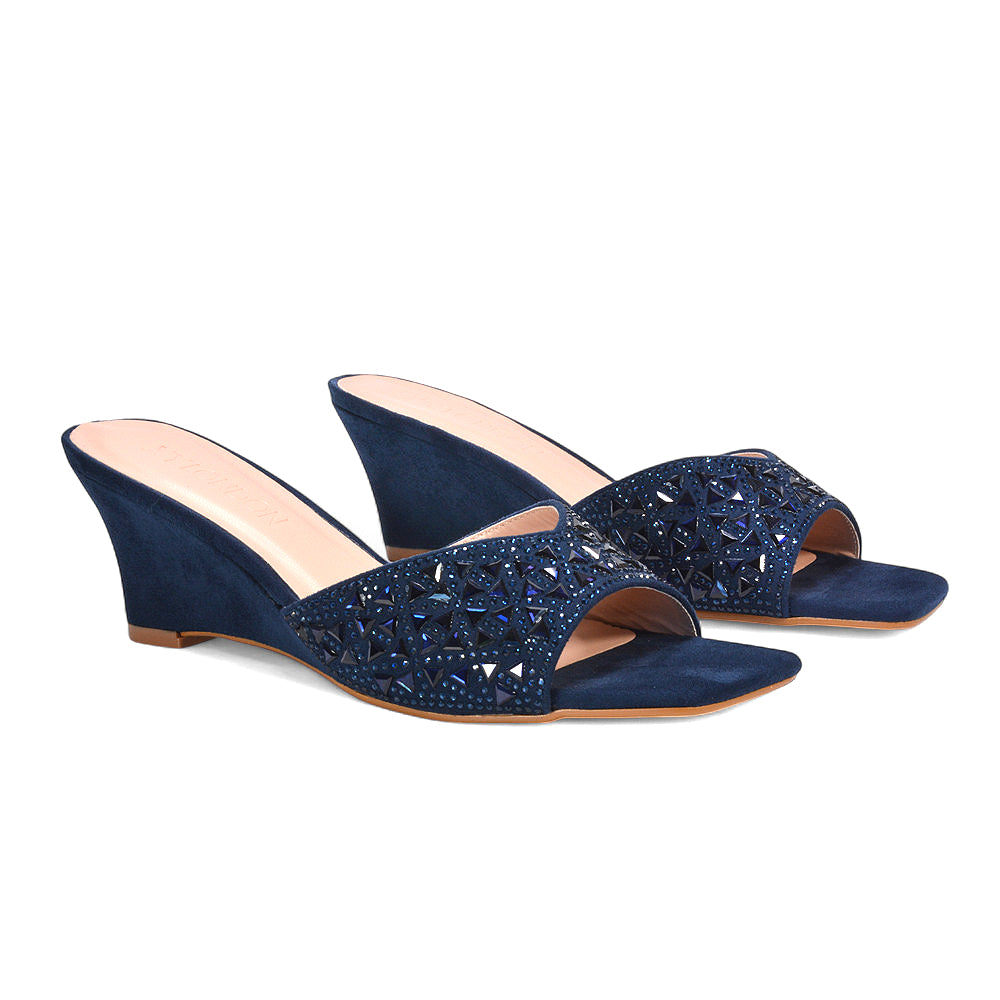 women’s wedge heel sandals, square toe wedge sandals, women’s diamante wedge heel peep toe sandals, navy wedge heels
