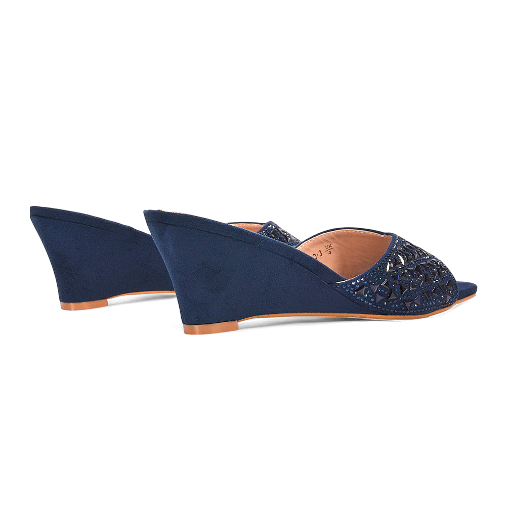 summer heels, women’s party wedge sandals, diamante party sandals, square peep toe wedge sandals with diamante detail, navy holiday heels