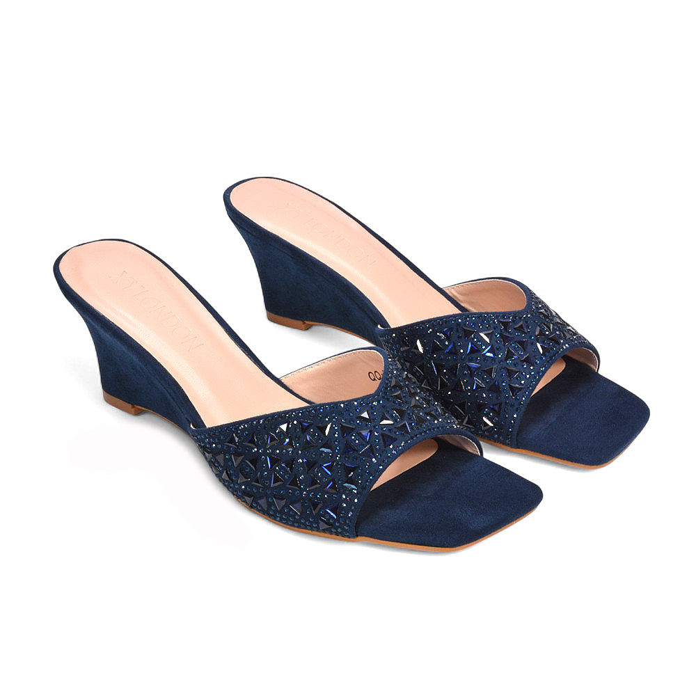 jewel embellished sandals, evening wedge sandals women, stylish women’s wedge sandals for evening wear, navy slip on heels