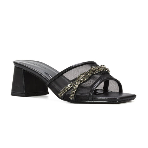 mid block heel mules, diamante mesh party heels, evening sandals with heels, slip on mules, slip on open toe heels, best mid block heel sandals UK, black mule heels