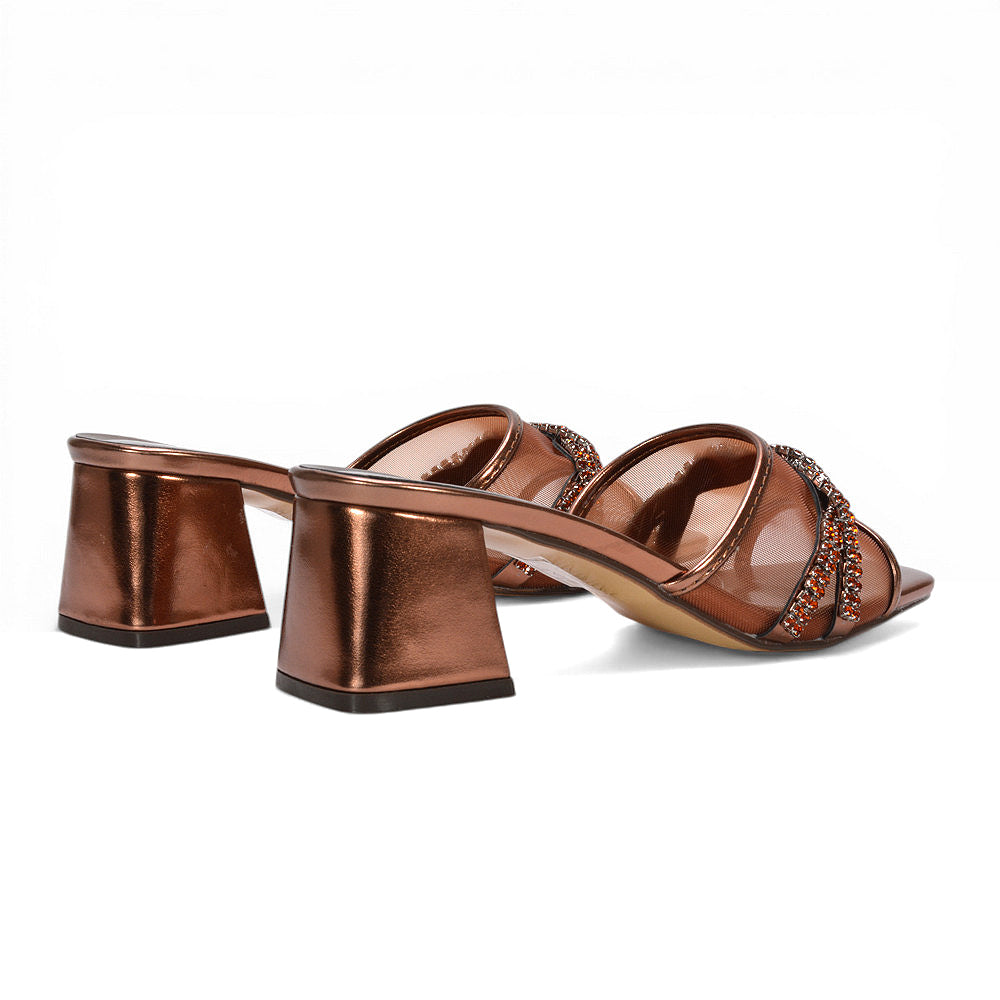 mid block heel mules, diamante mesh party heels, evening sandals with heels, slip on mules, slip on open toe heels, best mid block heel sandals UK, brown mule heels