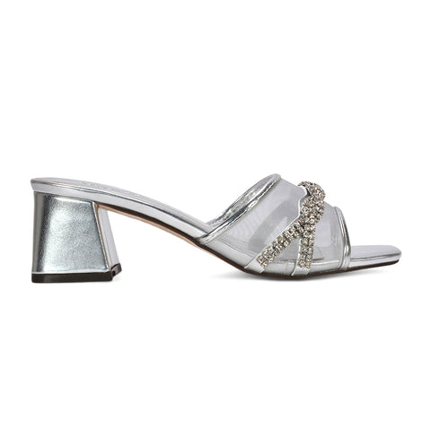diamante mesh sandals, women’s slip on mid heel mules, wedding guest shoes women, minimalist block heel sandals, block heel mules, affordable diamante heels women, silver block heels
