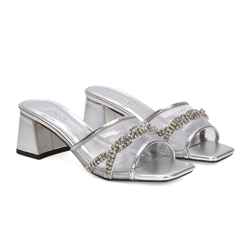 square toe heels, square toe diamante mesh block heel sandals, party heels for women, mesh sandals, buy square toe mules online UK, silver heels