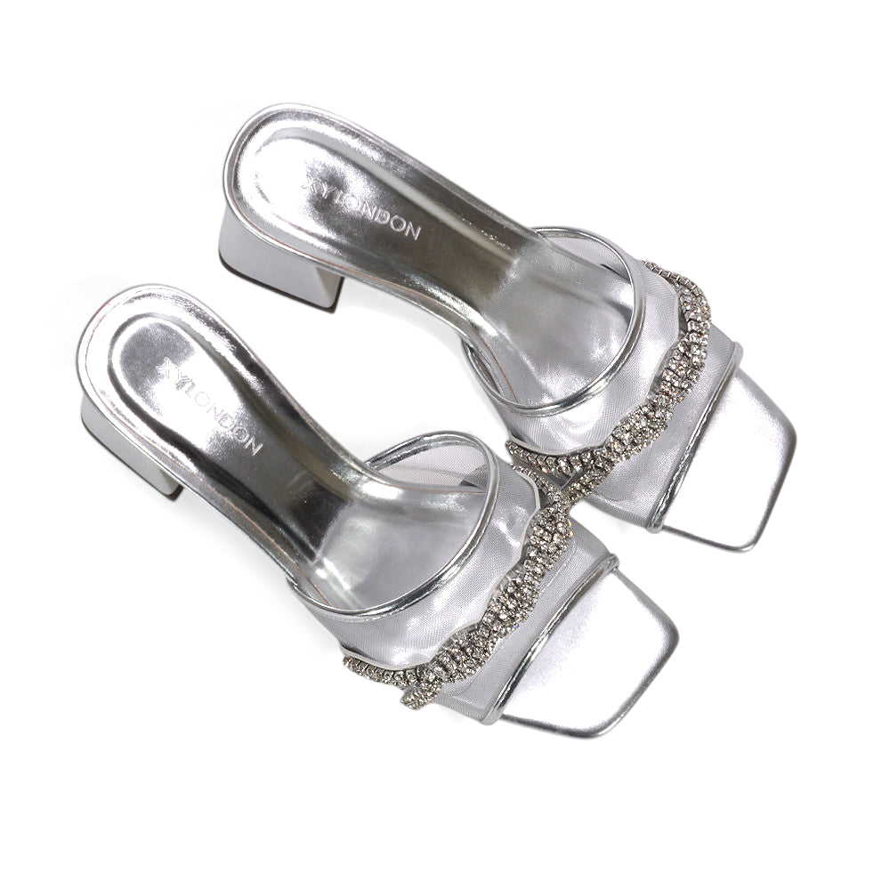 mesh heeled sandals, diamante embellished heels, dressy square toe mules for evening wear, heeled sandals, sparkly heels, silver block heel sandals