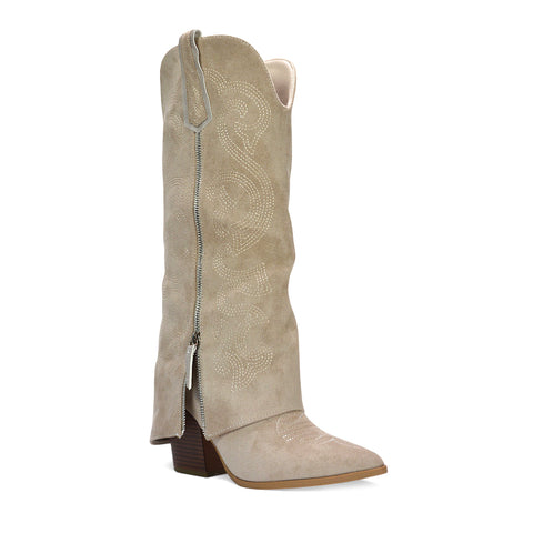 Western knee high boots, Cowboy knee boots, Party boots for women, Festival cowboy boots, Rhinestone cowboy boots, Studded western boots, Knee-high embellished block heel boots for women, fold over boots, women's fold over boots, fold over cowboy boots, Faux suede western cowboy boots with heel, beige heeled boots, beige knee high boots, beige fold over boots