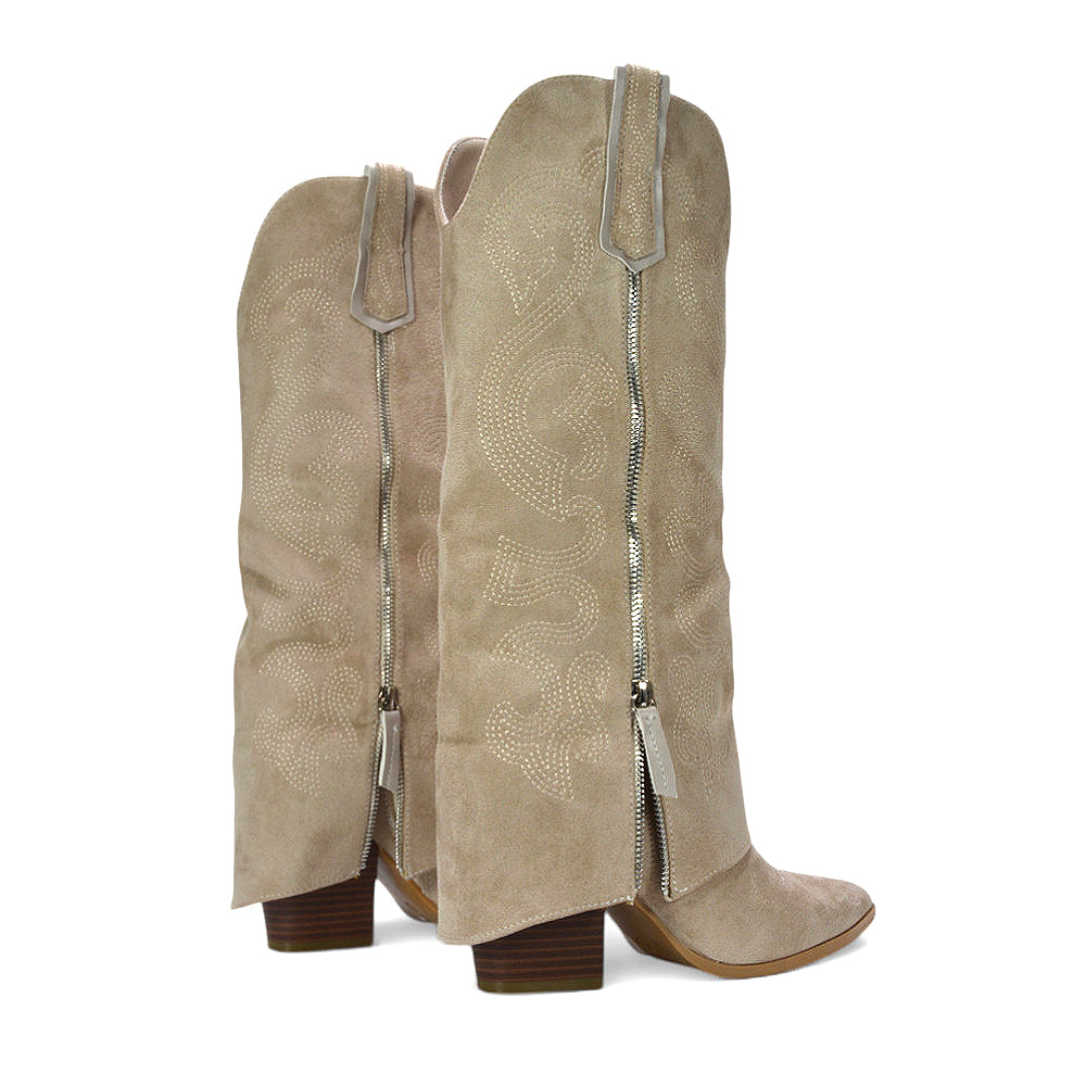 Stylish rhinestone western boots, Chunky heel boho cowboy boots, Decorative knee boots, Chunky heel cowboy boots, Night out boots, Casual everyday boots, Embellished knee boots, Faux suede cowboy boots, concerts boots, women's beige boots, beige suede boots