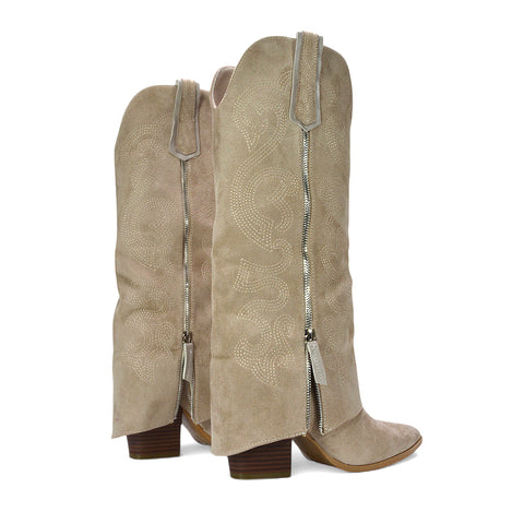 Stylish rhinestone western boots, Chunky heel boho cowboy boots, Decorative knee boots, Chunky heel cowboy boots, Night out boots, Casual everyday boots, Embellished knee boots, Faux suede cowboy boots, concerts boots, women's beige boots, beige suede boots