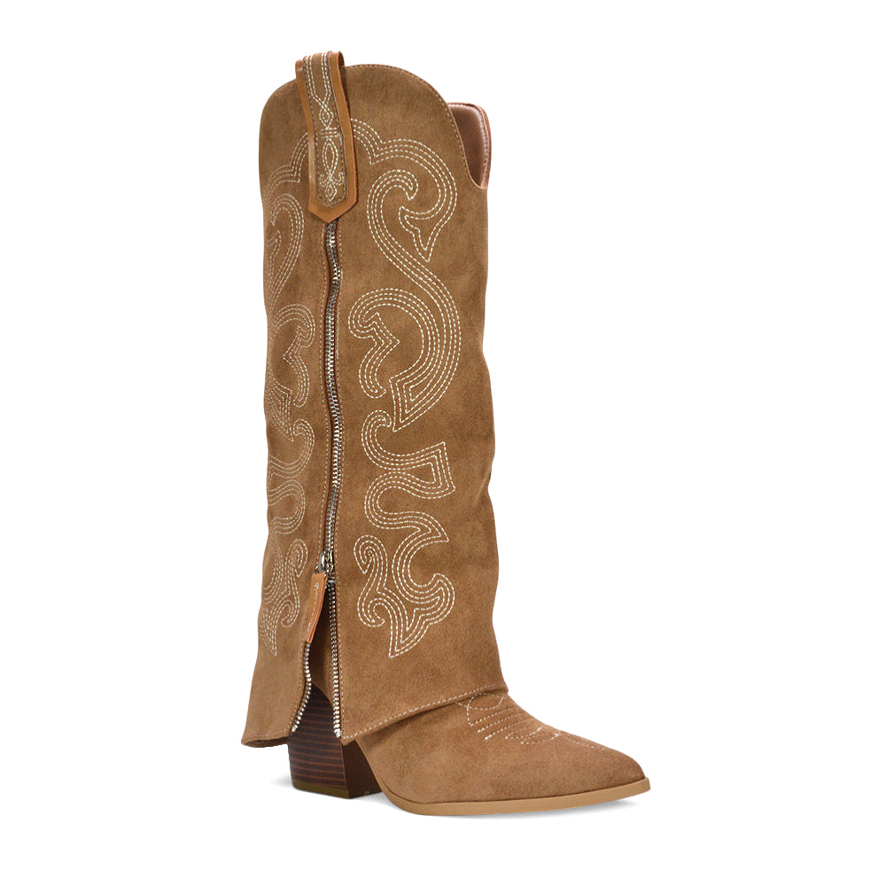 Western knee high boots, Cowboy knee boots, Party boots for women, Festival cowboy boots, Rhinestone cowboy boots, Studded western boots, Knee-high embellished block heel boots for women, fold over boots, women's fold over boots, fold over cowboy boots, Faux suede western cowboy boots with heel, tan heeled boots, tan knee high boots, tan fold over boots