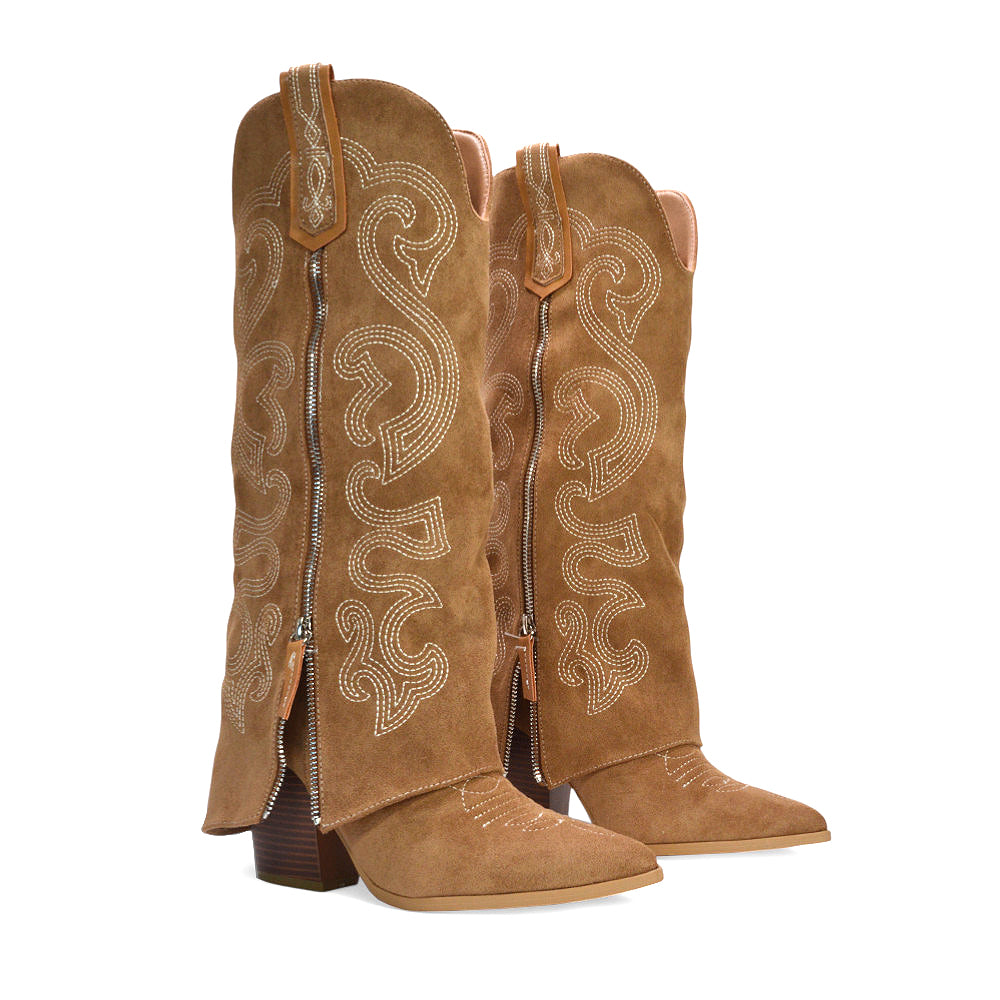 Knee high cowboy boots, Embellished cowboy boots, Knee high block heel boots, Faux suede western boots, Rhinestone cowboy boots, Boho western boots, harry styles concert outfit ideas, cowboy boots for harry styles concert boots, tan cowboy boots, tan knee high boots 