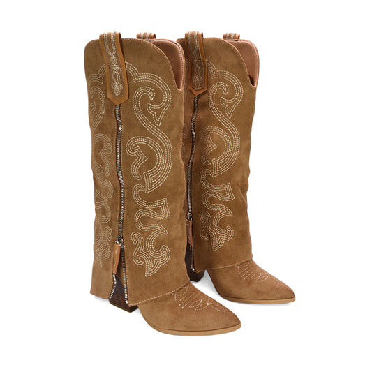 Party cowboy boots, Festival boots for women, Knee-high embellished block heel boots for women, Faux suede western boots with heel, Western boots for women, Chunky heel boho cowboy boots, Dressy tan western boots for women, Women’s tan knee-high festival boots