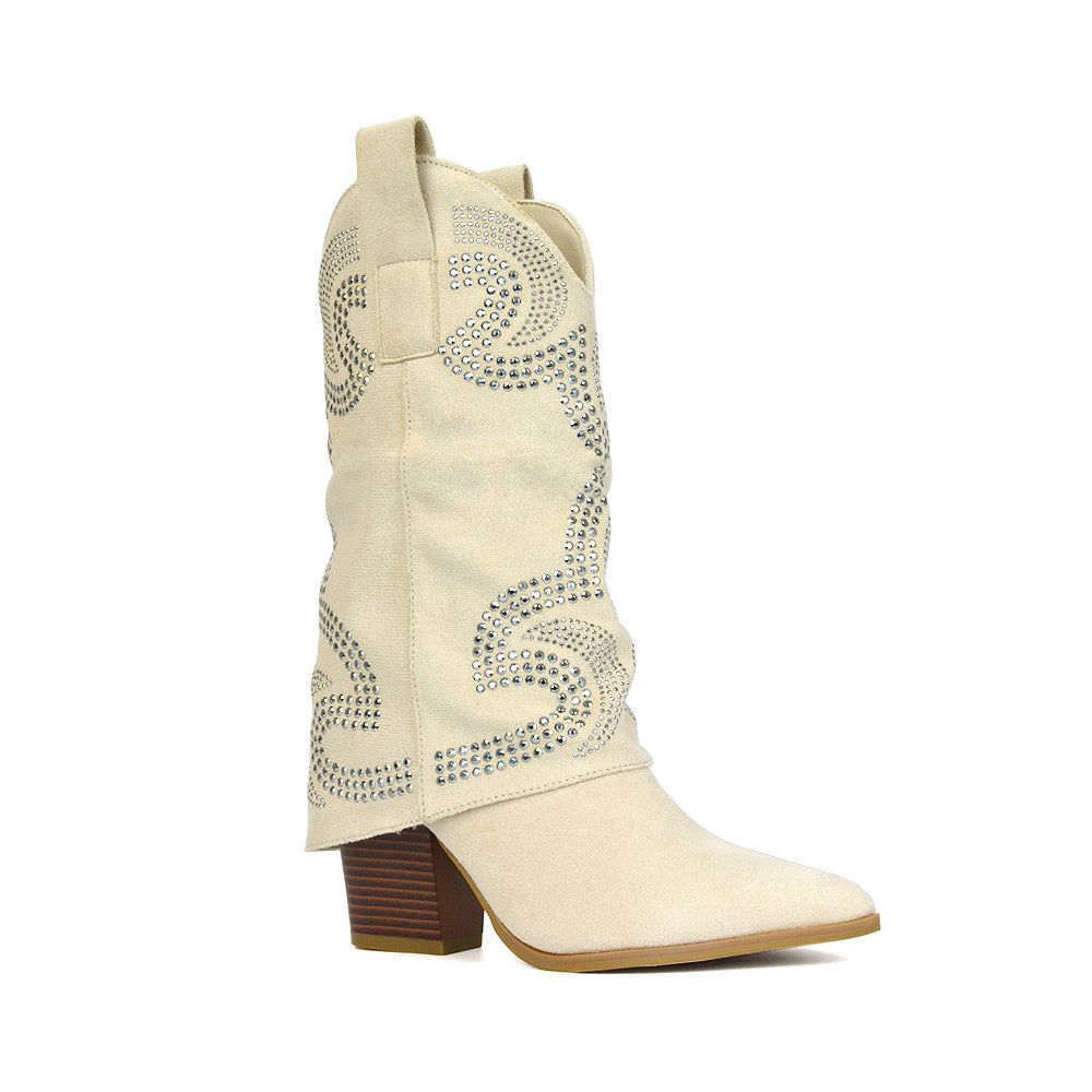 Beige Cowboy Boots For Women, Beige Cowboy Boots For Festivals, Beige Cowboy Boots Heels, Beige High Heel Boots
