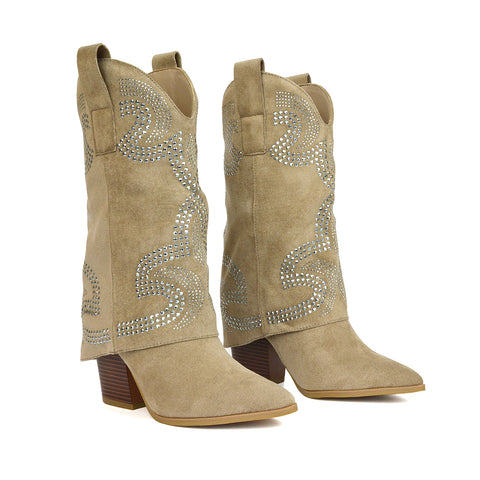 Fold Over Boots, Taupe Embellished Boots, Women's Taupe Western Boots, Taupe Cowboy Boots UK