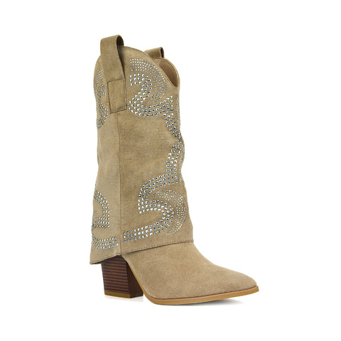 Taupe Concert Boots, Women's Taupe Cowboy Boots, Taupe Block Heeled Cowboy Boots