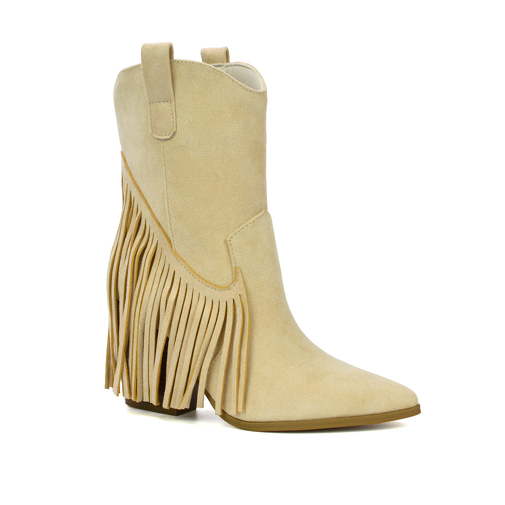 pointed toe western boots, tassel detail boots, mid heel western boots with fringe, beige festival cowboy boots, cowboy boots