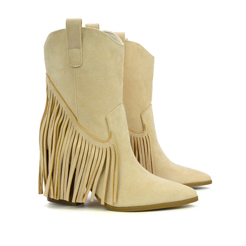 fringe western boots, suede cowboy boots, mid heel western boots, country concert boots, beige western boots