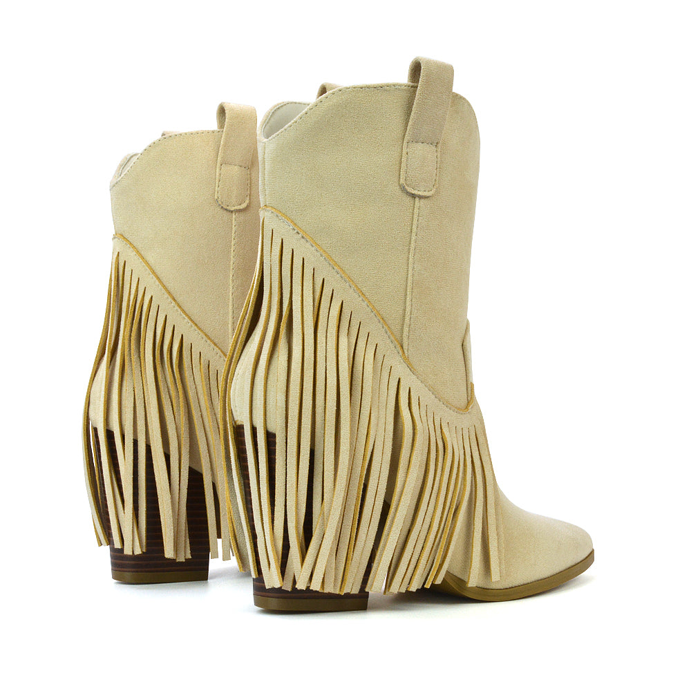 boho fringe suede boots for women, fringe ankle boots for women, pull-on western boots, rodeo style boots, beige fringe ankle boots,