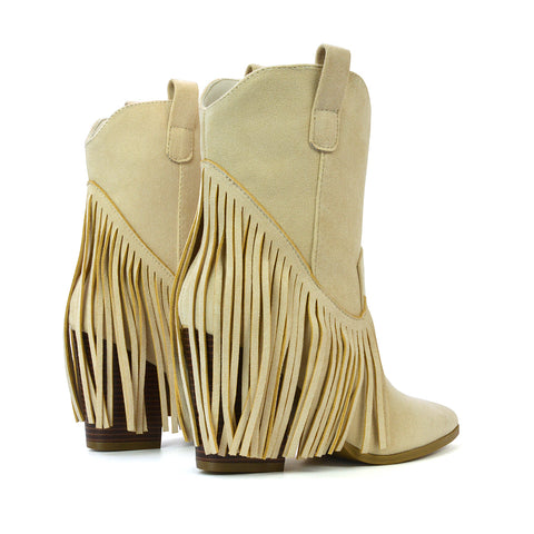 boho fringe suede boots for women, fringe ankle boots for women, pull-on western boots, rodeo style boots, beige fringe ankle boots,