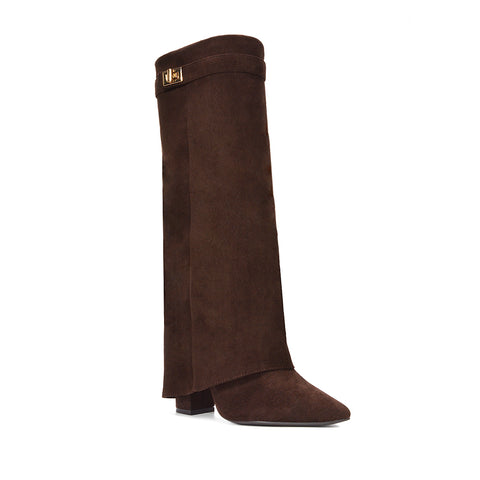 Rayna Pointed Toe Fold Over Knee High Boots With Block Heel in Taupe Faux Suede