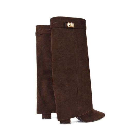 Rayna Pointed Toe Fold Over Knee High Boots With Block Heel in Brown Faux Suede