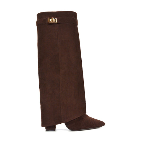 Rayna Pointed Toe Fold Over Knee High Boots With Block Heel in Taupe Faux Suede