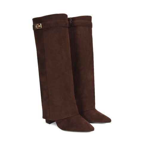 Rayna Pointed Toe Fold Over Knee High Boots With Block Heel in Taupe Faux Suede
