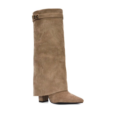 Rayna Pointed Toe Fold Over Knee High Boots With Block Heel in Taupe Faux Suede
