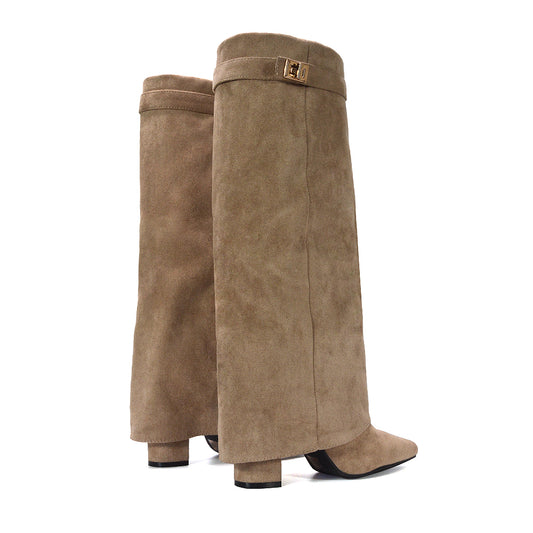 Rayna Pointed Toe Fold Over Knee High Boots With Block Heel in Taupe Faux Suede