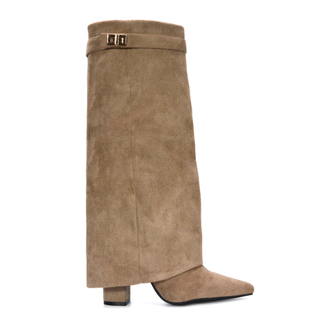 Rayna Pointed Toe Fold Over Knee High Boots With Block Heel in Taupe Faux Suede