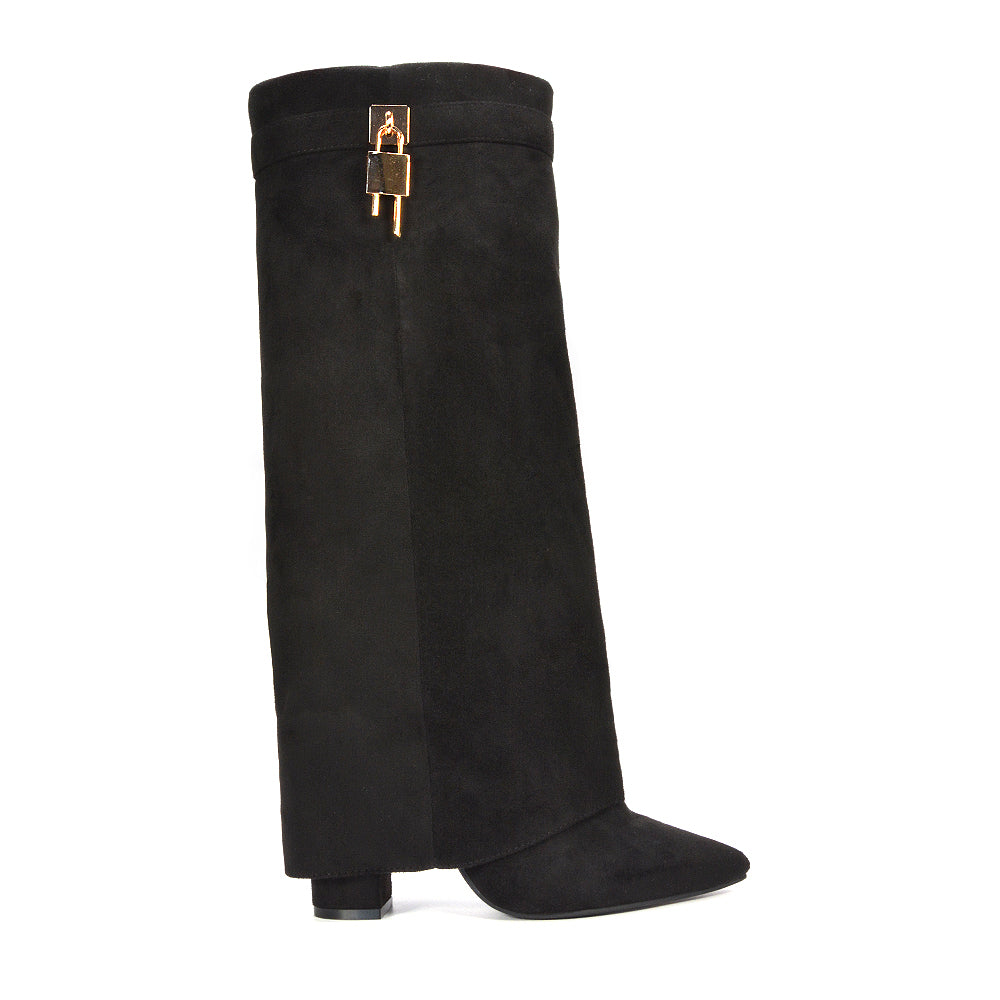 black knee high boots, Transitional season boots, knee high boots, Fold-down top boots, Faux suede boots for women