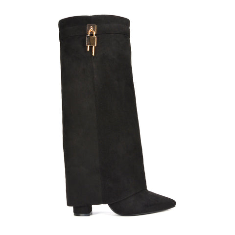 black knee high boots, Transitional season boots, knee high boots, Fold-down top boots, Faux suede boots for women