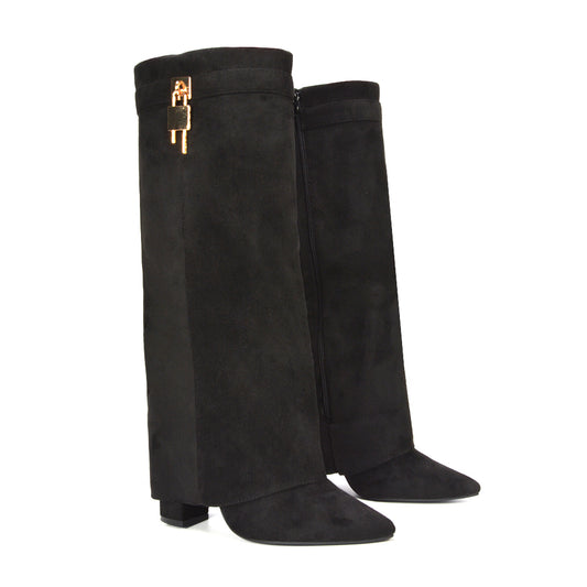 Women’s block heel boots, Fold over boots for women, Stylish black block heel boots for women, fold over boots