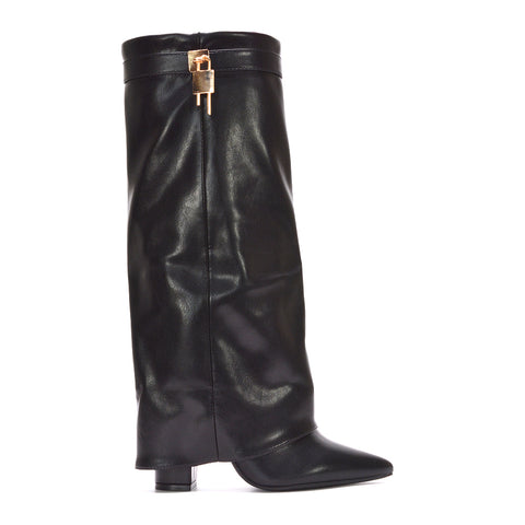black knee high boots, Transitional season boots, knee high boots, Fold-down top boots, synthetic leather boots for women