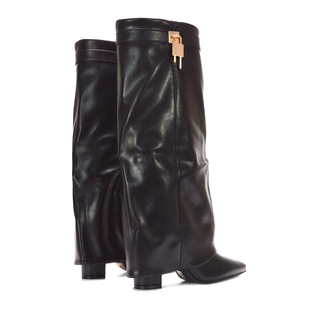 Trending black boots 2025, Boots for date night, Black boots with gold hardware, pointed toe boots, block heel boots, autumn boots