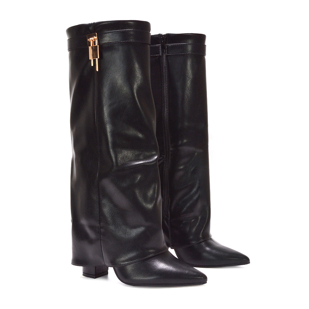 Women’s block heel boots, Fold over boots for women, Stylish black block heel boots for women, fold over boots