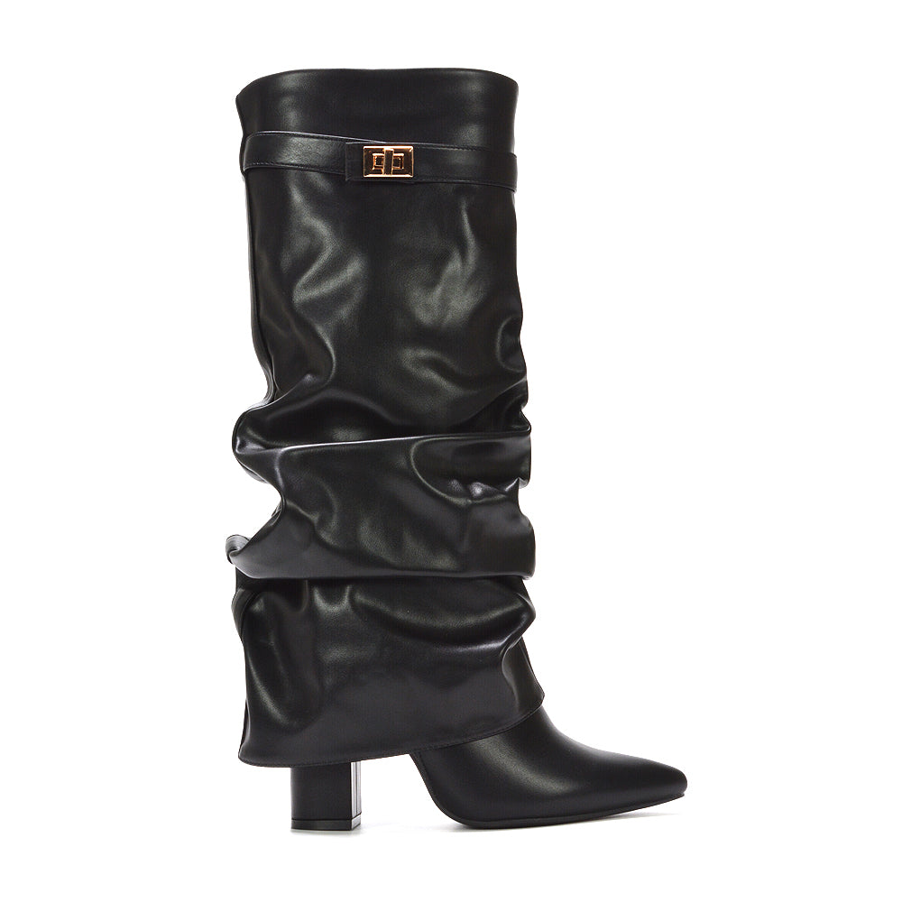 black ruched boots, black heeled boots, ruched boots, heeled boots, high heel boots, block heeled boots, going out boots, women's going out boots